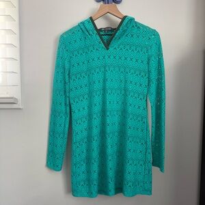 Title Nine Small Hoodie Cover Up Pullover Dress Aqua Teal Eyelet Swim Beach